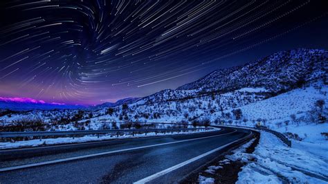 Mountain Range Mountain Starry Sky Starry Night Winter Road Snow