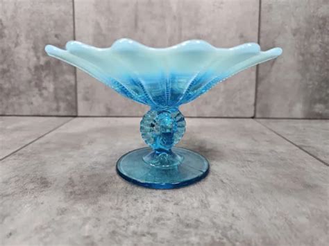 Antique Northwood Canary Vaseline Opalescent Blue Beaded Panel Compote
