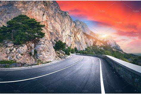 Landscape With Beautiful Winding Mountain Road Featuring Road