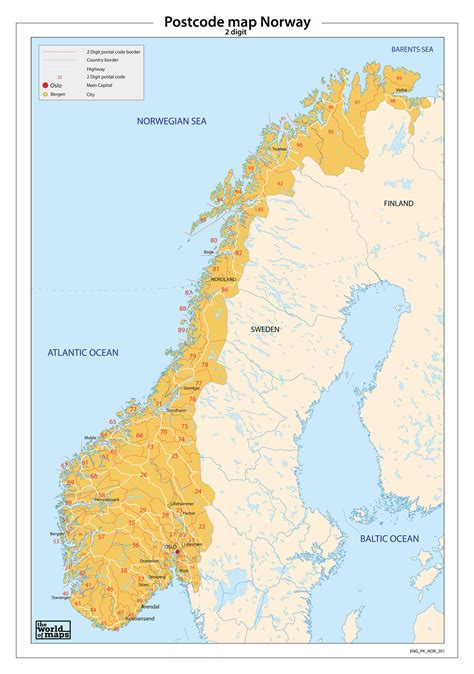 In ieder geval worden land en water onderscheiden. Digitale postcodekaart Noorwegen 2-cijferig 201 | Kaarten ...