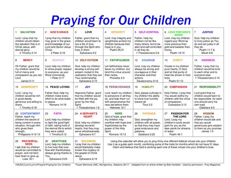 Prayer Calendar Praying For A Different Virtue For Your Children Every