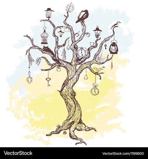 Grungy Background With Handwritten Magic Tree Vector Image