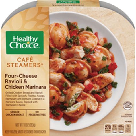 Healthy choice cafe steamers chicken magherita contains marinated chicken breast, grilled red bell peppers atop angel pasta with a sauce of tomato, basil and balsamic vinaigrette. Four Cheese Ravioli & Chicken Marinara | Healthy Choice