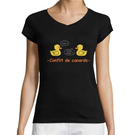 T Shirt Femme Col V Conflit De Canards