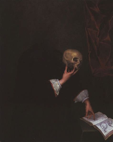 A Painting Of A Man With A Skull In His Hand And An Open Book Next To Him