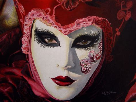 Signora In Rosso Original Venetian Mask Acrylic Painting By Lesley