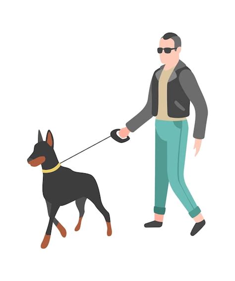 Hombre Paseando A Un Perro Persona Feliz Camina Y Juega A Su Mascota Carácter Simple Vector