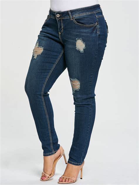 Wipalo Plus Size 5xl Ripped Jeans Skinny 5 Pocket Frayed Holes Zipper Fly Jeans Pencil Pants