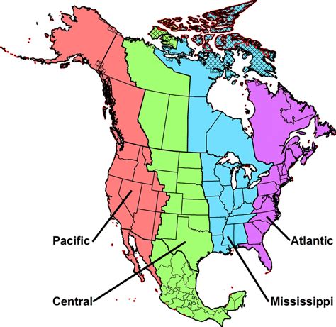North American Migratory Bird Flyway Map Regions Shown As Hatched Or