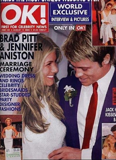 the cover of ok magazine features brad pitt and jenny annistoon on their wedding day