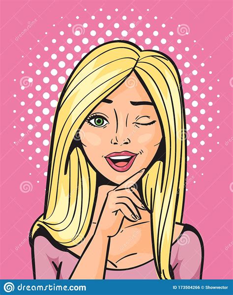 Sexy Blonde Woman Comic Pop Art Twinkle With One Eye Vector Illustration Background In Comic