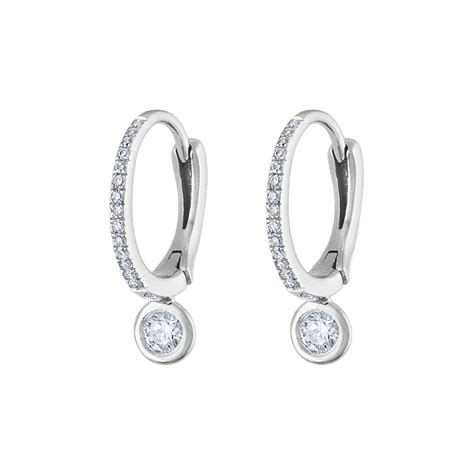 14k White Gold Diamond Huggie W Bezel Set Drop Earring Earrings