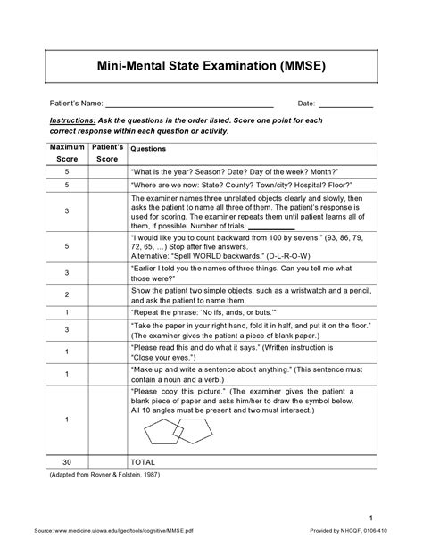 Mini Mental Status Examination Printable
