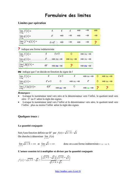 Formulaire Limite Mathe Mathsv Univ Lyon Formulaire Des Limites