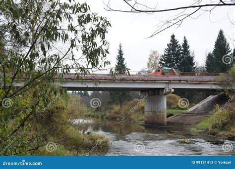 Road Bridge Over The River Dubna In The Moscow Region Stock Photo