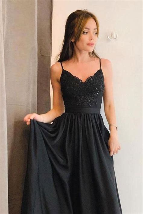 Stunning A Line Spaghetti Straps Long Black Prom Dress With Split Okj63