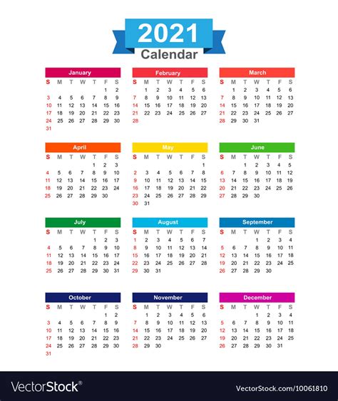 2021 Year Calendar Isolated On White Background Vector Image