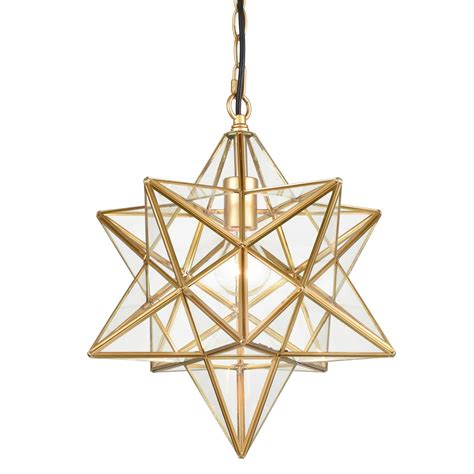 Brass Moravian Star Pendant Lights Clear Glass Shade 15 Inch Claxy
