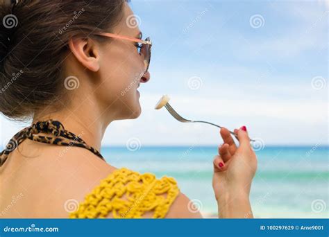Woman On Tropical Beach Eating Banana At The Sea Stock Image Image Of