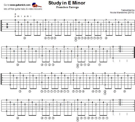 Study In E Minor Tarrega Guitar Tablature Tabs Pinterest