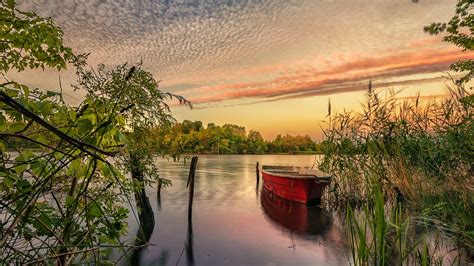 Wallpaper River Boat Reeds Clouds Sunset 1920x1200 Hd Picture Image