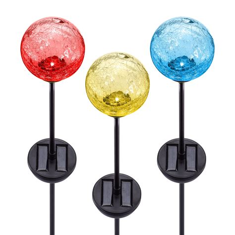 Solar Garden Stake Lights 3 Pack Cracked Glass Led Outdoor Patio