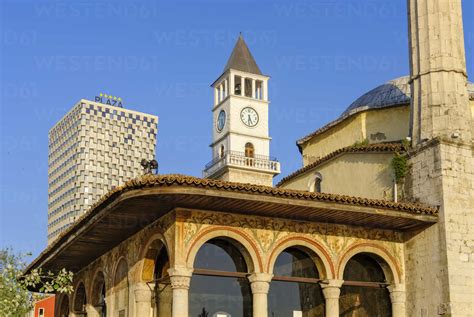 Albania Tirana Tid Tower Clock Tower Ethem Bey Mosque Stock Photo