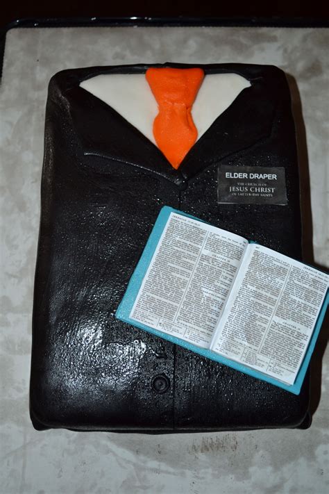 Here Is Tyler S Missionary Cake Complete With Suit Edible Name Tag And Edible Scriptures This