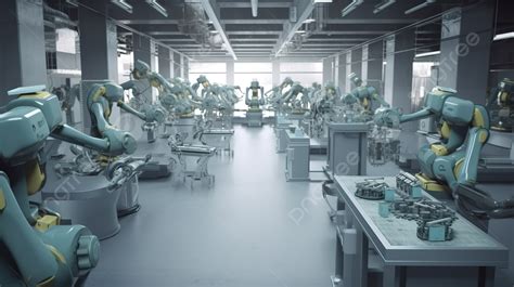 공장 3d 렌더링 로봇 조립 라인에서 사이보그 생산 로봇 팔 조립 라인 공장 라인 배경 일러스트 및 사진 무료 다운로드