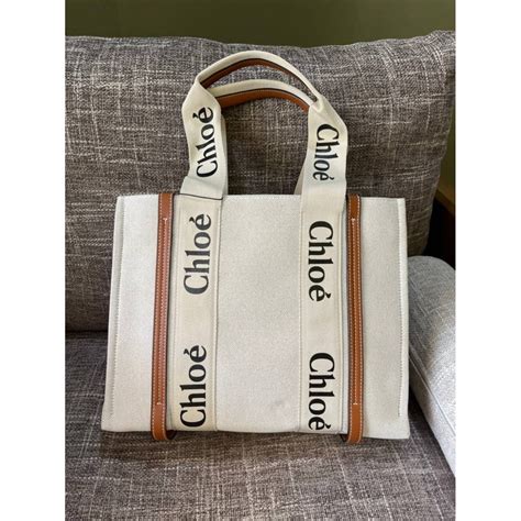 Chloe Woody Tote Bag In Cotton Canvas And Shiny Calfskin With Woody