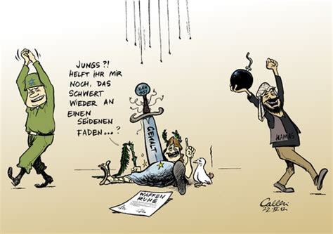 Sejauh ini, insiden yang berlanjut hingga ahad (9/5) pagi itu telah menyebabkan sekitar 300 warga palestina terluka. Gaza-Schwert von Paolo Calleri | Politik Cartoon | TOONPOOL