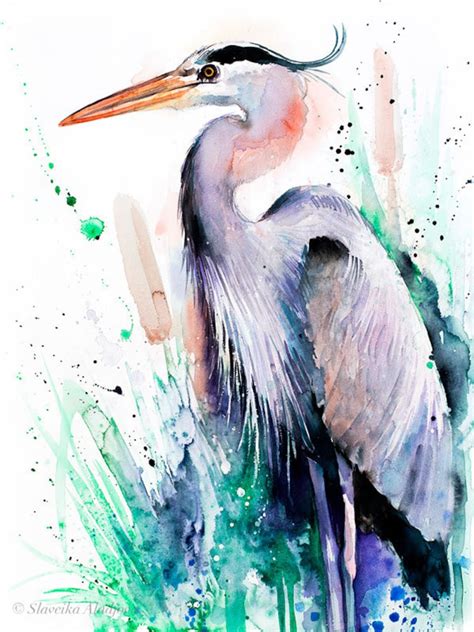Great Blue Heron Watercolor Painting Print By Slaveika Etsy
