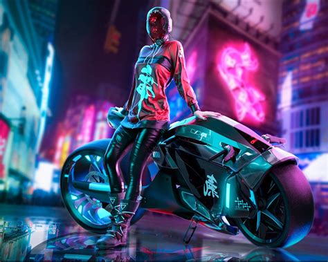 Wallpaper Cyberpunk 2077, city, girl, motorcycle 1920x1080 Full HD 2K Picture, Image
