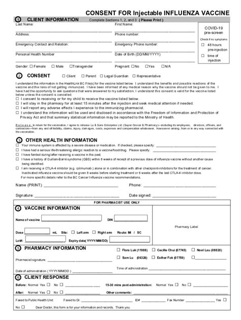 Fillable Online Injectable Influenza Vaccine Consent Form Written Fax