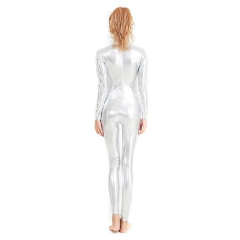Women Silver Metallic Catsuits Long Sleeve Unitards Full Body Zentai L
