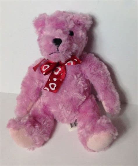 Bear Pink Ribbed Plush Red White Heart Ribbon Bow Valentines Love
