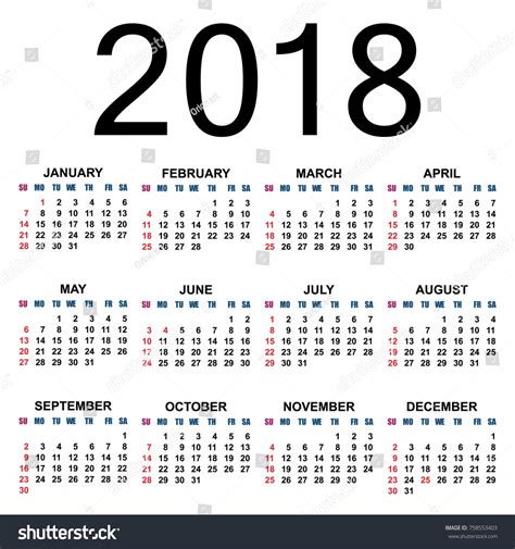 European Calendar 2018 Template Week Starts Stock Illustration