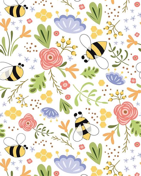 Summer Bees And Flowers Fabric Ilustrações Florais Ilustração De