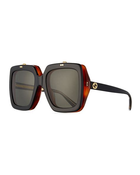 Gucci Oversized Square Flip Up Sunglasses Black Neiman Marcus