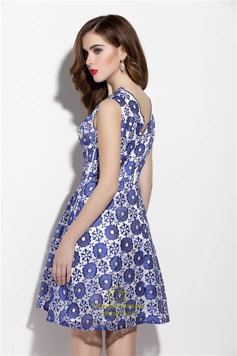 Navy Blue Sleeveless Floral Print Fit And Flare Skater Dress Vampal