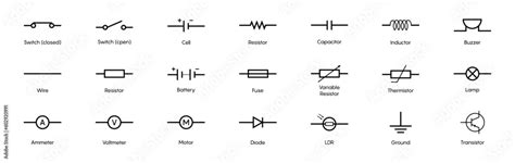 Set Of Electronic Circuit Symbols Schematic Circuit Diagrams Vector