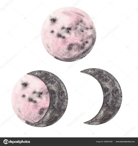 Watercolor Hand Painted Moon Phases Set Half And Full Pink And Grey