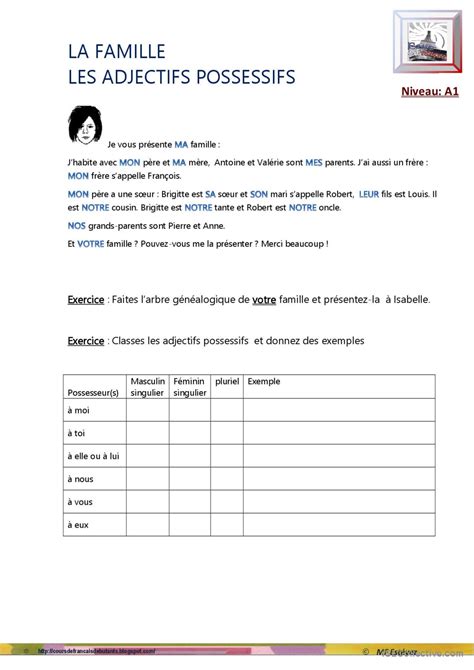 Les Adjectifs Possessifs Pratique De Fran Ais Fle Fiches Pedagogiques