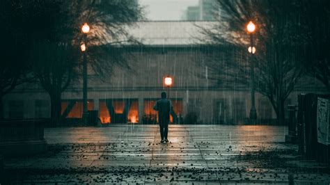 Wallpaper Man Rain Loneliness Sad Walk Street 2560x1440