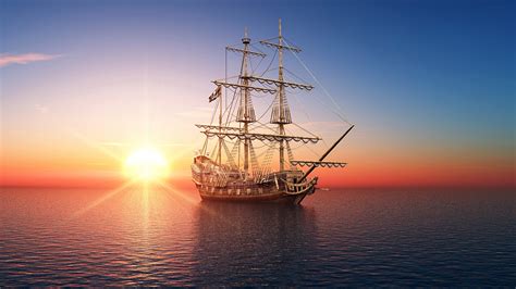 Photo Sea 3d Graphics Ship Sunrise And Sunset Sailing 1920x1080