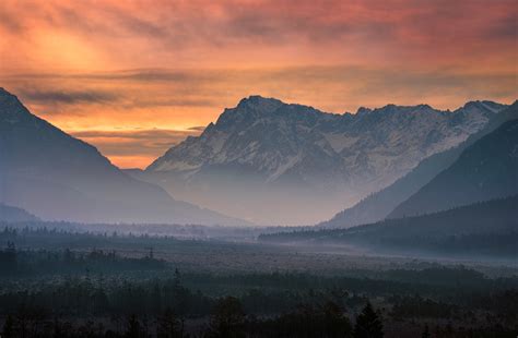 Photography Nature Landscape Mountains Mist Sunset Valley Pink