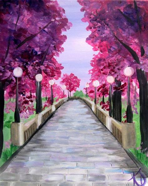 Cherry Blossom Walk Blossoms Art Spring Painting Painting Art Projects