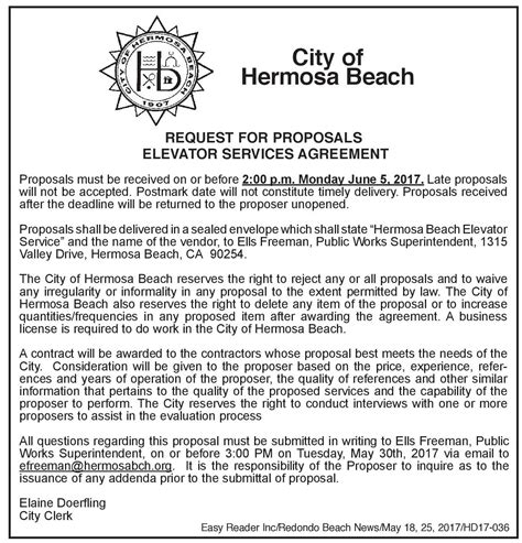 City Of Hermosa Beach Request For Proposals Elevator Services Agreement Easy Reader News