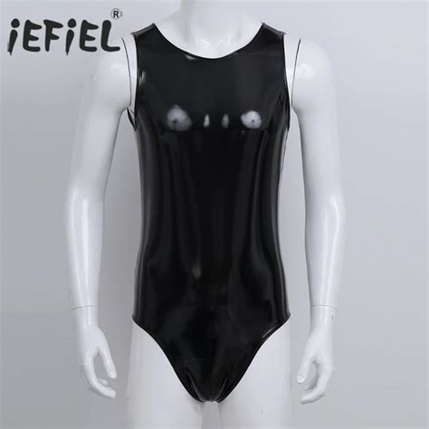 Iefiel Men Lingerie Wetlook Sexy Clubwear One Piece Sleeveless Leotard Back With Zipper Bodysuit
