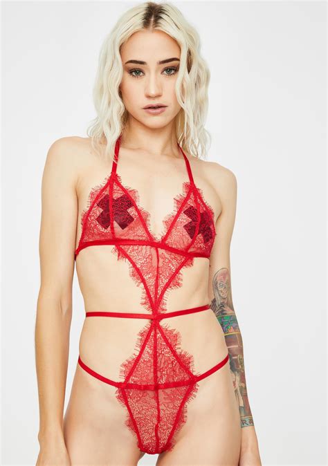 Neon Lace Strappy Bodysuit Teddy Red Crimson Cherry Sexy Lingerie